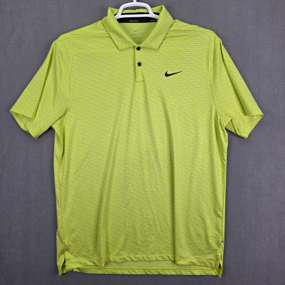 Nike Golf Polo Shirt Dri-Fit Striped Neon Green Lime Mens Large Short Sleeve L